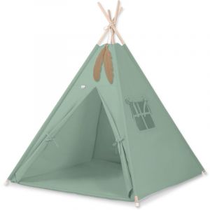 Tente tipi pour enfant + tapis + pendentifs en plumes - sauge