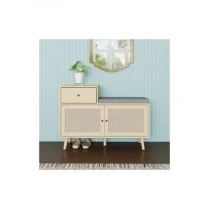 Banc à chaussures en aspect bois naturel avec portes en rotin tressé, tiroir et siège rembourré, , pour salon, l'entrée et couloir, 90x35x65 cm