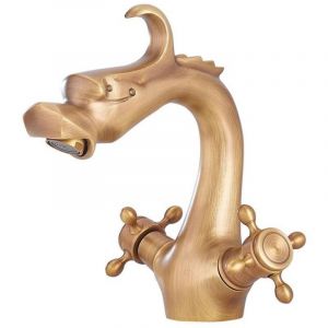Robinet de Salle de Bain en Laiton Antique, Double Poign&eacute;e Mitigeur de Lavabo Bronze Vintage, R&eacute;tro T&ecirc;te de Dragon Robinets de D'&eacute;vier D'eau Chaude