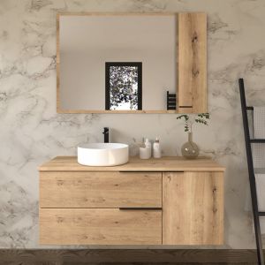 Cosyneo - Meuble de salle de bain 100cm avec vasque &agrave; poser ronde - 2 tiroirs - miroir avec armoirette - roble (ch&ecirc;ne clair) - king
