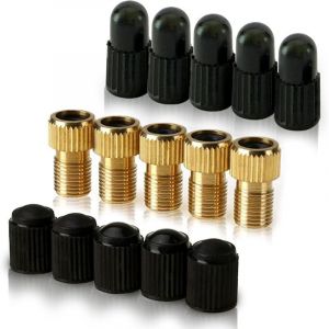Adaptateur pour valve Presta en laiton (lot de 5 + 10 bouchons) - Convertissez Presta en Schrader pour les v&eacute;los, e-bikes, et e-scooters