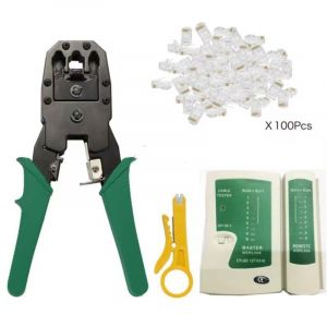 Testeur r&eacute;seau/t&eacute;l&eacute;phonique + Pince &agrave; sertir RJ11/RJ12/RJ22/RJ45 + 100 connecteurs RJ45 CAT6, kits d'outils r&eacute;seau 15266-NF