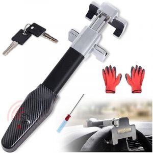 Antivol Voiture avec Alarme, Barre Antivol Voiture Volant 130dB, Bloque Volant Voiture pour Voiture SUV Camping Car avec Tournevis et Gants par