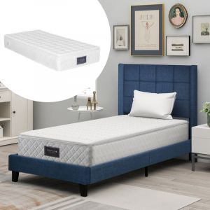 Okwish - Lit adulte 90x200 cm lit simple rembourré avec tête de lit capitonnée et sommier à lattes en bois, tissu en lin, bleu, matelas inclus