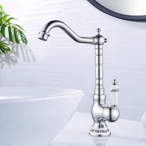 Robinet Lavabo, Mitigeur de Lavabo Vasque Haut Pivotant &agrave; 360&deg;, Robinet de Salle de Bain en Laiton, R&eacute;tro Mitigeur de Lavabo, G3/8, argent&eacute;
