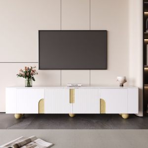 Meuble tv 180x40x44 cm,avec 4 portes,pieds sphériques en bois,scandinave,finition marbre,Blanc