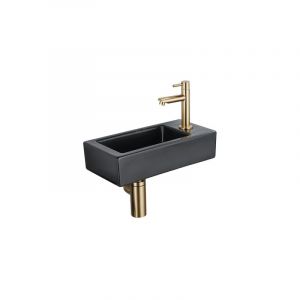 Fontein Fonteinset - 37.5x18.5x9cm - céramique - trou de robinet à droite - robinet lave-mains en laiton brossé - bonde de vidage - siphon - Qeramiq