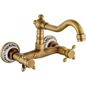 Robinet de Cuisine Mural Ancien Mitigeur Robinet Retro Bronze Antique Rotation 360 &deg; Double Contr&ocirc;le Prune Croix Volant Robinet de Cuisine (Antique)