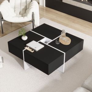 Okwish - Table basse carrée noire et blanche avec compartiment de rangement central, 70x70x35cm