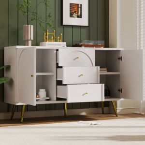 Commode chambre, buffet, pour salon, chambre à coucher, blanc crème, Pieds en métal, avec 2 portes et 3 tiroirs -H84/L140/P40 cm