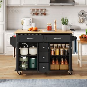 Desserte de cuisine, 120&times;65 cm, extensible, avec 5 tiroirs, porte-&eacute;pices et porte-serviettes, sur roulettes, &Icirc;lot de cuisine avec planche pliante,