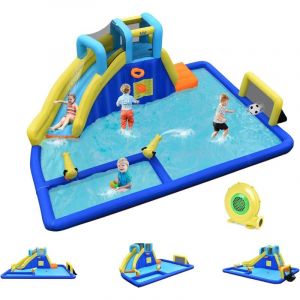 Goplus - Château Gonflable Foot avec Toboggan et Pistolet à Eau, Aire de Jeux Aquatique pour Enfants Plus de 3 Ans (avec Souffleur 680W)
