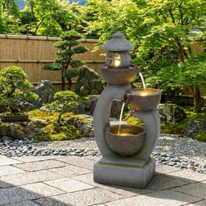 Fontaine de jardin Zen Kare Sansui &agrave; LED, R&eacute;sine Grise, &Eacute;clairage Sous-Marin, D&eacute;coration Terrasse et Balcon 25&times;44,5&times;95 cm