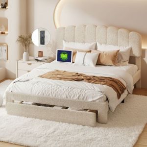 Lit adulte 140x190 cm, lit double avec grand tiroir rangement, ports USB et Type-C, tête de lit réglable en hauteur, scandinave, velours teddy, Beige