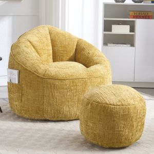 Pouf Canapé Chaise, Fauteuil relax, tissu chenille, Fauteuil poire pour adulte avec repose-pieds, pour chambre et salon, Jaune