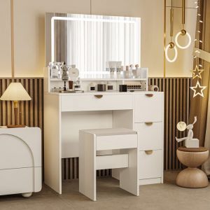 Coiffeuse, 90 x 40 x 140 cm, meuble de toilette multifonctionnel, miroir cosm&eacute;tique, armoire &agrave; miroir, avec &eacute;clairage LED tricolore, ports USB et