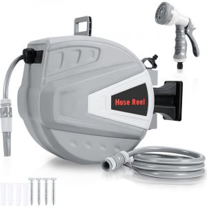 Jiubiaz D&eacute;vidoir mural automatique 30m - Enrouleur de tuyau arrosage enrouleur automatique - pivotement 180&deg;- pistolet arrosage raccord tuyau support