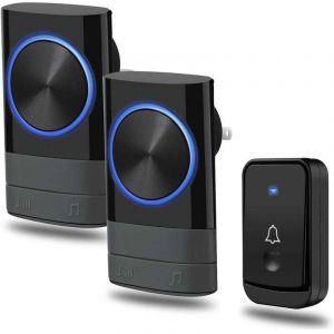 Sonnette sans fil 300M, sonnette de porte enfichable, 2 r&eacute;cepteurs, 1 bouton poussoir sans fil, sonnette de porte &eacute;tanche IP44, 4 niveaux de volume,