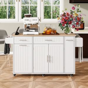 &Icirc;lot de cuisine sur roulettes - Desserte de cuisine - 135 x 40&ndash;70 x 90 cm, plan de travail rabattable, rangement poubelle int&eacute;gr&eacute;, MDF blanc