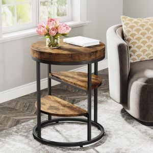 Tribesigns - Table d'appoint Ronde, Petite Table d'appoint avec 3 étagères de Rangement, Table d'appoint Industrielle, Table de Chevet pour la Salon,