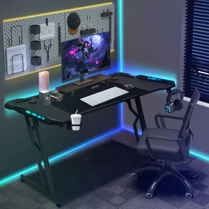 Vingo - swanew Bureau Gaming Ergonomique en Z-Forme 140x60cm Table de Gaming avec Trou, Porte-gobelet et Crochet pour Casque (met LED+télécommande)