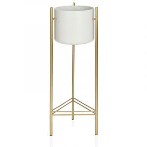 Cache-pot sur Pied en M&eacute;tal Dor&eacute; et Pot Blanc - Hauteur 80cm