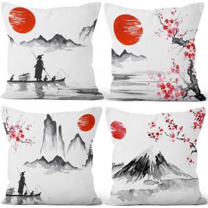 45x45cm Lot de 4 Japonais Housse de Coussin Rouge Soleil Noir Et Blanc Paysage Mont Fuji Lin De Coussincarré Taie d'oreiller Été Decoration Taverne