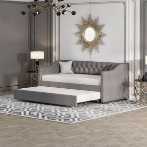Tanant - lit gigogne 90x200cm, canapé-lit, lit banquette 2 places, sommiers à lattes, canapé lit convertible style moderne - Gris