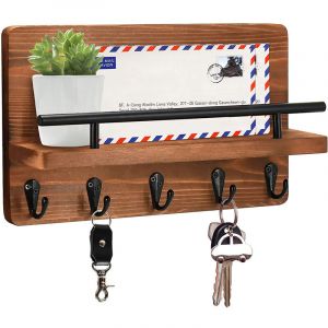 Sollbry &ndash; Porte-cl&eacute;s mural en bois avec &eacute;tag&egrave;re flottante &ndash; 5 crochets d&eacute;coratifs pour cl&eacute;s et courrier &ndash; Design rustique pour entr&eacute;e et couloir