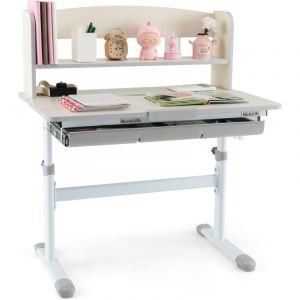 COSTWAY Bureau Enfants avec R&eacute;glable en Hauteur (50,5-73 cm) & Plateau Inclinable(0-60&deg;), Table d'&Eacute;tude avec &Eacute;tag&egrave;re & Tiroir & R&egrave;gle, Charge 100kg
