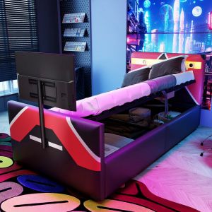 Lit Gamer 90x200 cm avec PU, LED Multicolore, Rangement Hydraulique et Support TV Int&eacute;gr&eacute; &ndash; Style E-Sport, gris et rouge