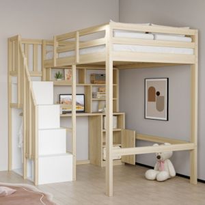 Lit mezzanine 90 x 200 cm - Lit enfant avec bureau et &eacute;chelle escamotable s&eacute;curis&eacute;e - Coloris bois naturel - Sans matelas