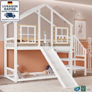 Lit superposé enfant 90 x 200 - lit mezzanine 2 place - Lit coulissant avec escalier, garde-corps, lit cabane - bois certifié pefc - blanc et naturel
