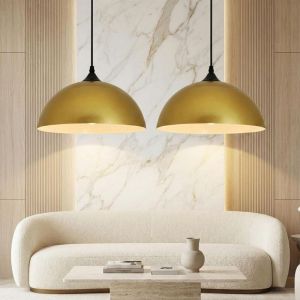 Lustres en fer dor&eacute; moderne - Deux ensembles de lustres semi - circulaires &Oslash;30cm, design industriel, socle E27, adapt&eacute;s pour la cuisine, le salle &agrave;