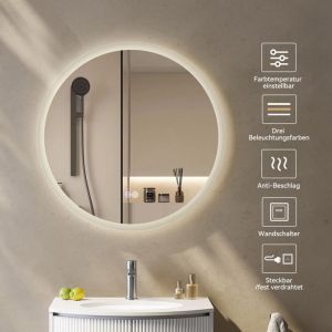 Miroir de salle de bain rond led avec Interrupteur tactile, avec fonction anti-buée, Dimmable, 3 couleurs d'éclairage, Fonction Mémoire Diamètre 80cm