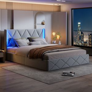 160 x 200 cm lit avec led et rangement, Lit tapissé avec tête et base, cadre de lit 160x200 avec base, lit double pour adulte et adolescent, gris