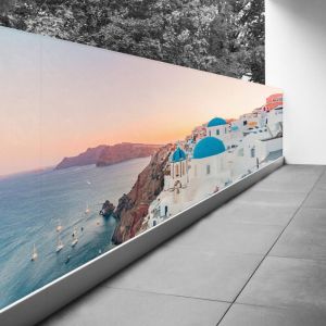 Lumaléa - Brise vue Trompe l'oeil - 80x200 cm - Santorin - Recto Imprimé / Verso BlancBâche Micro Perforée - 80% d'occultation