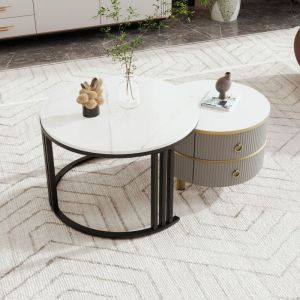 Wishdor - Table basse gigogne ronde 2 en 1 avec plateau brillant et 1 plateau en marbre blanc, 2 tiroirs, gris et noir