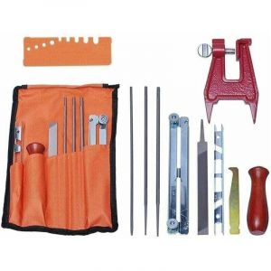 Kit d'affûtage universel pour tronçonneuse, jeu de limes pour tronçonneuse avec limes, poignées en bois, jauge de profondeur, guide de polissage, sac