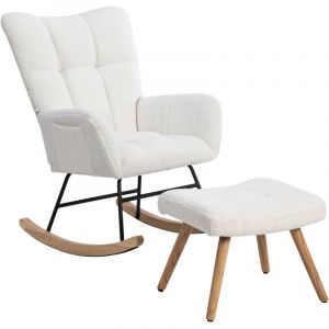 Liberté - Chaise basculante avec tabouret en bois de caoutchouc robuste, tissu teddy peluche, blanc