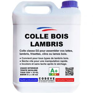 Codève Bois - Colle Lambris Bois - 4x5 l - Codeve Bois - Pour L'assemblage D'un Lambris, Frisette, Plinthe, Clin, Lame Ou Latte En Bois.