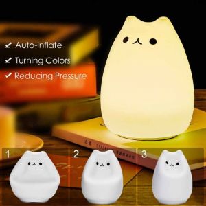 Veilleuse pour enfants, Veilleuse B&eacute;b&eacute;,7 Couleurs Kawaii Chat, LED Rechargeable,Fonction Minuterie Lampe Chevet,Soft Silicone Sensitive Tap Control