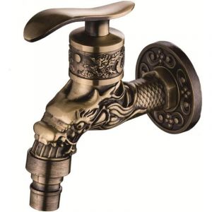 Robinet de lavabo, petit robinet mural pour machine &agrave; laver avec d&eacute;coration en alliage de zinc sculpt&eacute; et laiton antique, robinet de jardin ext&eacute;rieur