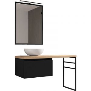 Mennza - Ensemble de salle de bain meuble 120cm industrial dark bois clair et noir - Vasque bol en c&eacute;ramique - Miroir - Applique