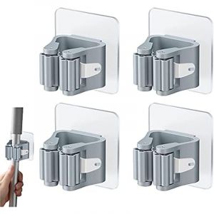 4 Pi&egrave;ces porte-balai mural autocollant, Pince de vadrouille accroche balai mural sans percer support de balai mural Gris Accroche Balai pince &agrave; balai