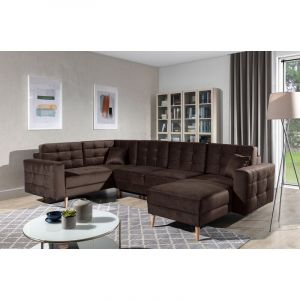 Venesetti - Canap&eacute; panoramique convertible - asma velours - en tissu de qualit&eacute; 5 places, marron fonc&eacute;, m&eacute;ridienne &agrave; droite et angle &agrave; gauche (vu de