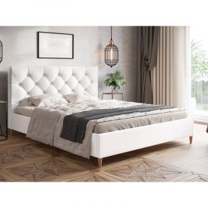 Graingold - Lit capitonn&eacute; avec t&ecirc;te de lit 180x200 similicuir blanc Tril