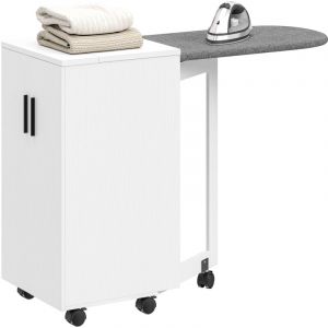 Meuble &agrave; repasser - HOMCOM - table &agrave; repasser pliante - 2 en 1 - sur roulettes - &eacute;tag&egrave;re r&eacute;glable - bois - 128x43x83cm - blanc