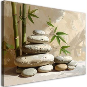 Tableau d&eacute;co Pierres Zen Spa feuilles de bambou beiges 90x60