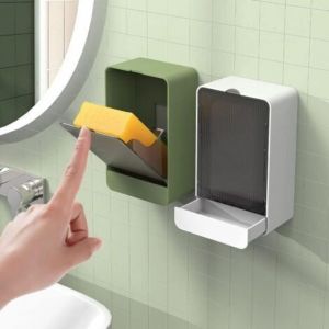 Porte-Savon avec Couvercle,Boite Savon Support Mural,Porte Savon sans Per&ccedil;age,Bac De Vidange Amovible pour Lavabo,Douche,Salle de Bain,Cuisine Blanc